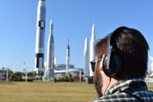 Are we there yet podcast host Brendan Byrne in the rocket garden